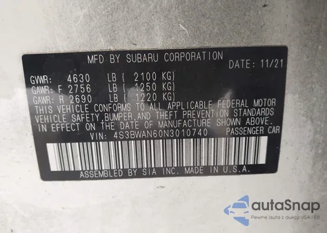 2022 Subaru Legacy Limited z USA, uszkodzony, nr VIN 4S3BWAN60N3010740